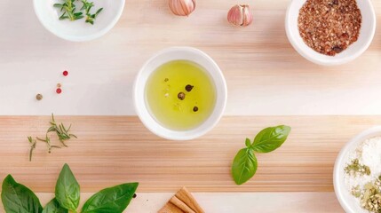 Culinary Essentials: A flat lay showcasing a rustic wooden table adorned with essential culinary ingredients, including fresh herbs, spices, olive oil, and garlic.