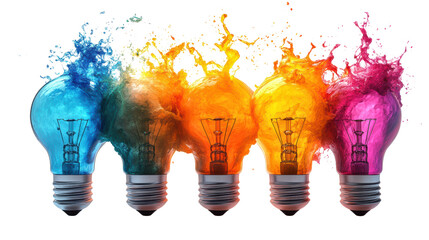 Poster - A vibrant display of colorful light bulbs surrounded by splashes of water, symbolizing creativity and innovation in a dynamic and artistic way.