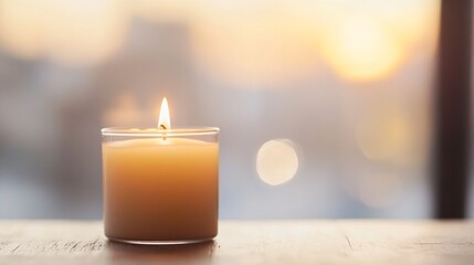 Aufkleber - Cozy candle with glowing flame on wooden table with warm sunlight : Generative AI