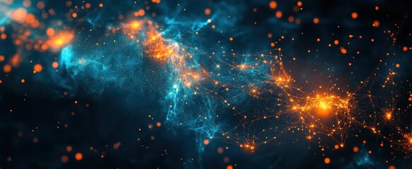 abstract cosmic nebula with blue and orange glowing particles.
