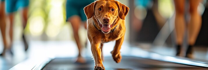 Wall Mural - Happy dog running on treadmill, blurred people in background.