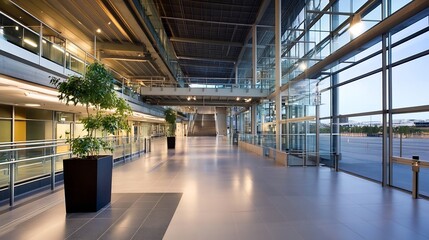 Aufkleber - Modern architecture of an airport terminal with spacious interior designs, glass walls, and greenery for a contemporary look : Generative AI