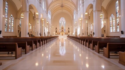 Wall Mural - Spacious Interior of a Beautifully Designed Church with Elegant Architecture and Stunning Stained Glass Windows : Generative AI