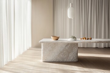 Wall Mural - Minimalist interior design featuring a large marble table, wooden bowl, and fruit, bathed in natural light.