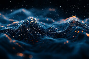 Poster - abstract dark blue landscape with glowing orange particles forming peaks and valleys.
