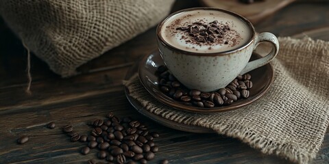 Wall Mural - Aromatic cappuccino in cup with coffee beans on rustic wood.