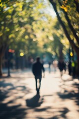 Poster - Silhouette of a person walking along a tree-lined path during golden hour in soft focus : Generative AI