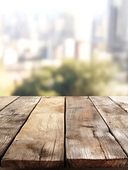 Poster - Wooden tabletop background with a blurred cityscape view offering a rustic texture : Generative AI