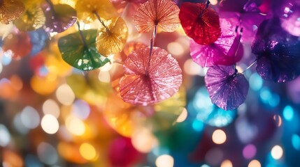 Poster - Vibrant Colorful Umbrella Decor Hanging with Soft Lighting : Generative AI