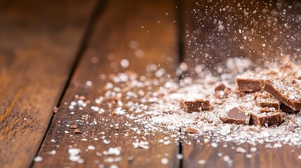 Poster - Rich Chocolate Crumbles and Shavings on Rustic Wooden Surface : Generative AI