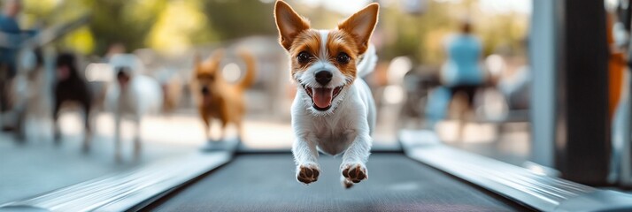 Wall Mural - Happy small dog mid-air on treadmill, other dogs blurred background.