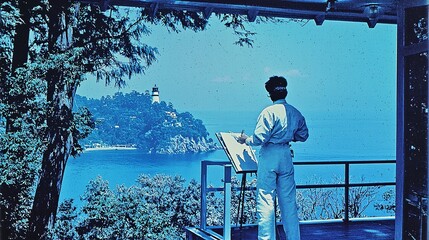lighthouse keeper painting a watercolor landscape of the surrounding coastline. Copy space above. Lighthouse View 