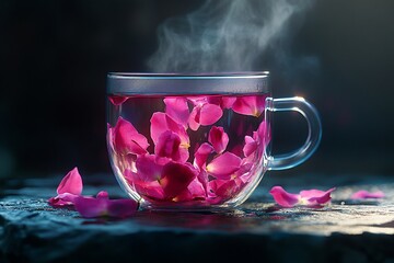 Wall Mural - Steaming cup of rose tea with petals.