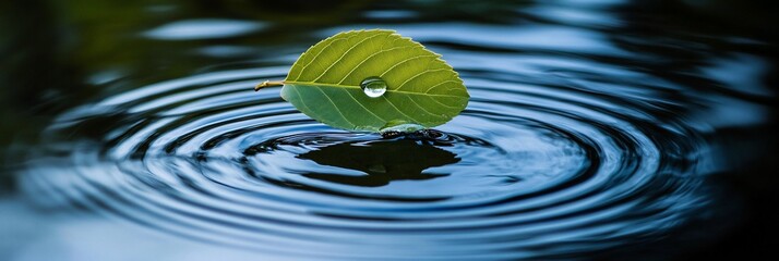 Wall Mural - Green leaf floats on calm water, creating concentric ripples. (1)