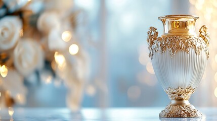 Poster - Elegant Vintage Decorative Vase Placed on a Table with Soft Lighting : Generative AI