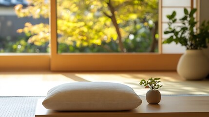 Sticker - minimalist zen room with soft bedding and indoor plants reflecting serenity and balance in design : Generative AI