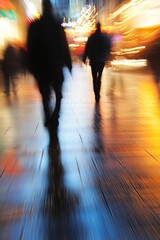 Fototapete - Blurred Silhouettes of People Walking in a Vibrant Urban Setting : Generative AI