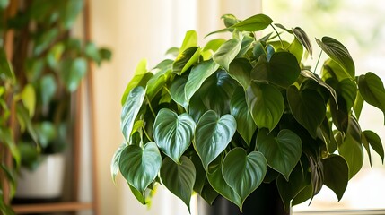 Wall Mural - Lush Green Philodendron Plant In A Pot Near Window