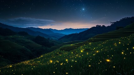 Wall Mural - Night landscape of fireflies illuminating rice terraces under a starry sky.