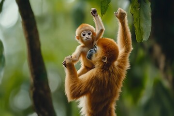 Poster - Red-shanked douc langur mother gently holding her baby in lush green rainforest.