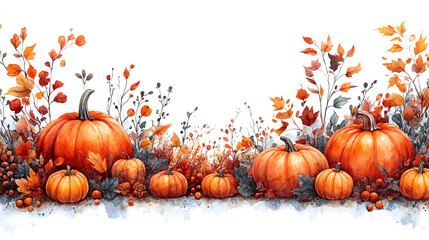 Autumn Watercolor Pumpkins Fall Leaves Harvest Thanksgiving Design red art brown plant orange floral