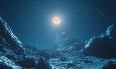 Wall Mural - Alien planet landscape at night with a full moon and stars.