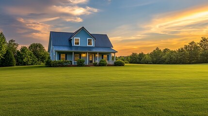 Wall Mural - serene blue house on vast green lawn at sunset.