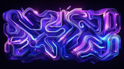 Wall Mural - abstract purple and blue glowing neon light lines forming a complex interwoven pattern.