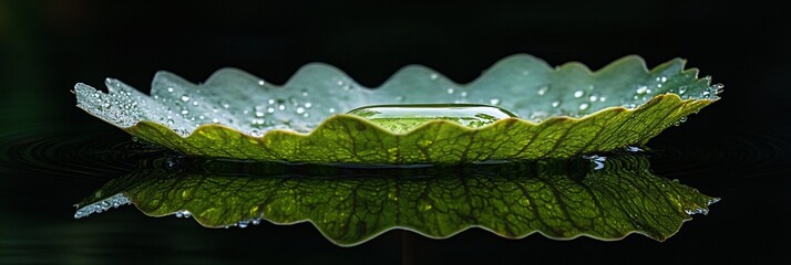 Wall Mural - Dewdrop on a water lily leaf reflecting in still water.