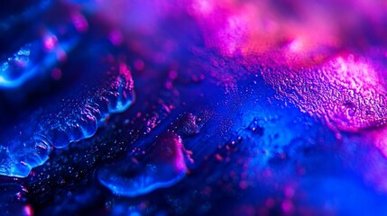 Wall Mural - Abstract close-up of vibrant blue and pink water droplets on a dark surface, illuminated with neon lighting.