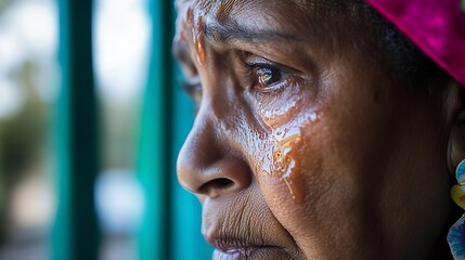 Aufkleber - Close up of an elderly woman with a tear highlighting emotional depth and resilience in portrait photography : Generative AI