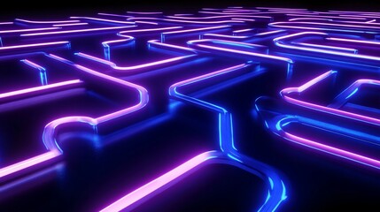 Wall Mural - Abstract neon maze with glowing purple and blue lines.