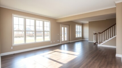 Canvas Print - Spacious empty living room with large windows and wooden flooring providing natural light : Generative AI