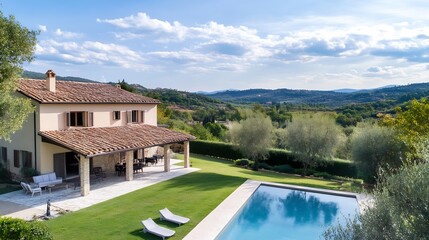 Aufkleber - Beautiful Countryside Villa with Swimming Pool Surrounded by Lush Green Landscape and Blue Sky : Generative AI