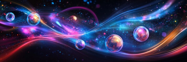 Wall Mural - abstract cosmic art with glowing orbs and vibrant energy streams in a dark space.
