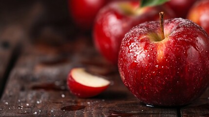 Poster - Freshly Picked Juicy Red Apples with Water Droplets on Rustic Wood Table : Generative AI