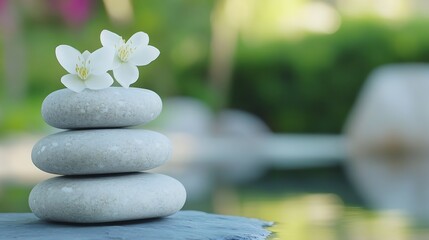 Aufkleber - Zen garden stones stacked elegantly with delicate white flowers promoting tranquility and relaxation : Generative AI