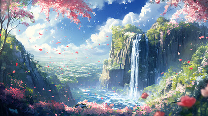 Wall Mural - Paradise landscape with beautiful gardens, waterfalls and flowers, magical idyllic heavenly view with beautiful fantastic flowers in eden. Celestial Gardens. Illustration