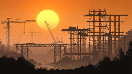 Wall Mural - Sunset silhouettes of construction site with cranes, bridge, and buildings under construction.