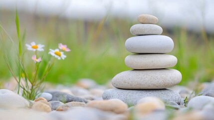 Aufkleber - Stack of Smooth Stones Surrounded by Green Grass and Wildflowers : Generative AI