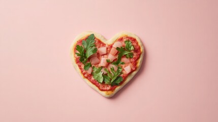 valentine's day food concept. Heart-shaped pizza with toppings on a pink background.