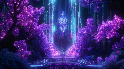 Wall Mural - glowing purple trees flank a futuristic, neon-lit gateway.