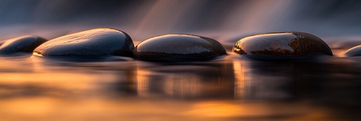 Poster - Smooth, dark stones in a flowing stream at sunset, reflecting golden light.