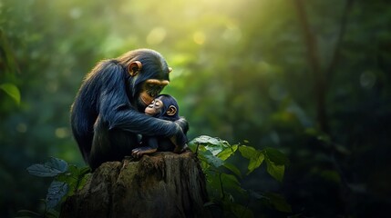 Poster - A mother chimpanzee tenderly cradles her infant on a tree stump in a lush green forest.