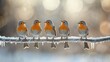© BerkahStock - Five robins perched on a snow-covered branch with icicles.
