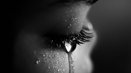 Aufkleber - Close up of a tear flowing down a woman's cheek highlighting emotion and beauty in black and white photography : Generative AI