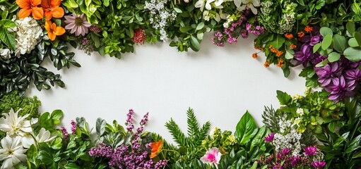 Wall Mural - Colorful floral frame with various flowers and greenery on white background.