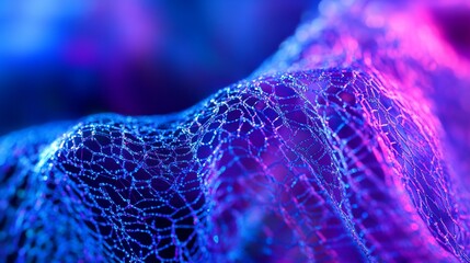 Wall Mural - abstract close-up of a delicate, net-like structure illuminated in vibrant blue and pink hues.