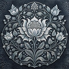 Wall Mural - indian intricate floral pichhwai painting in chrome silver single colour, thin line art, on black leather