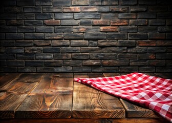 Wall Mural - Urban decay meets country comfort:  Red gingham on worn wood, a vibrant contrast to the brooding brick backdrop.